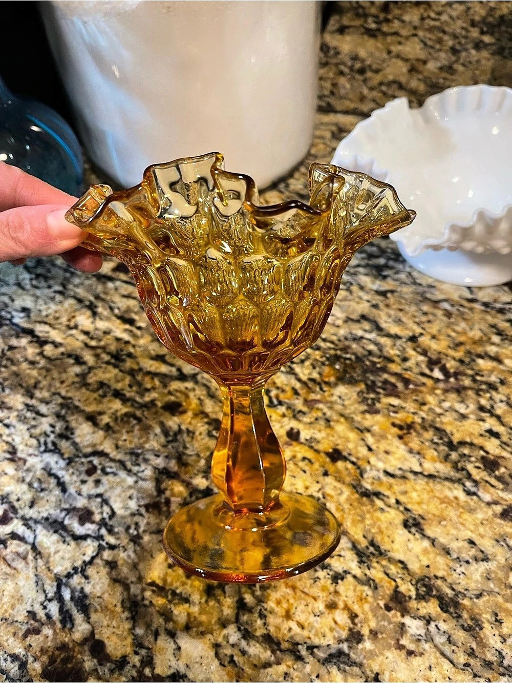 Fenton Amber Glass Pedestal Ruffled Bowl